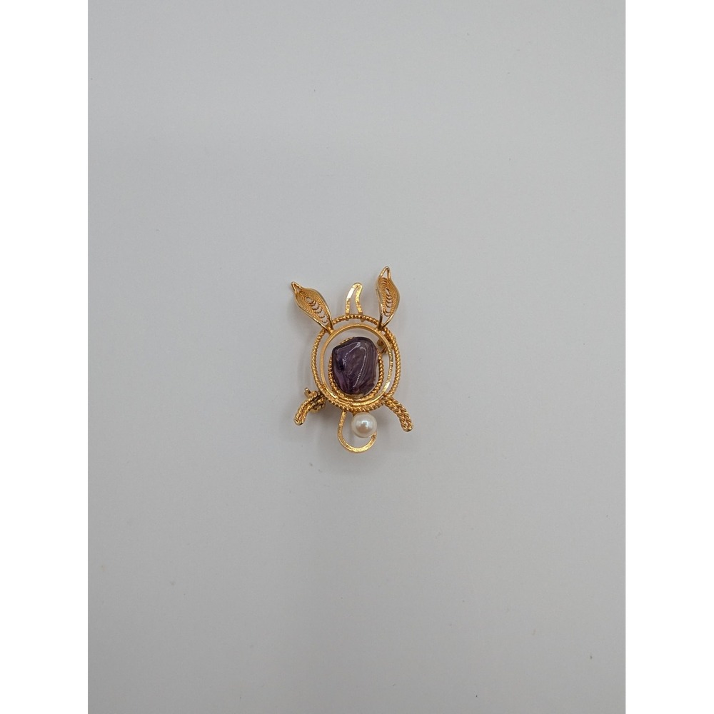 Vintage Gold Tone Filigree Turtle Brooch Amethyst Stone Pearl Accent 1.75" - Picture 3 of 5